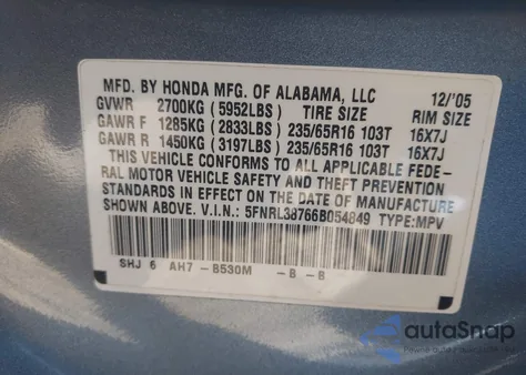 2006 Honda Odyssey Ex-L from USA, damaged, VIN 5FNRL38766B054849